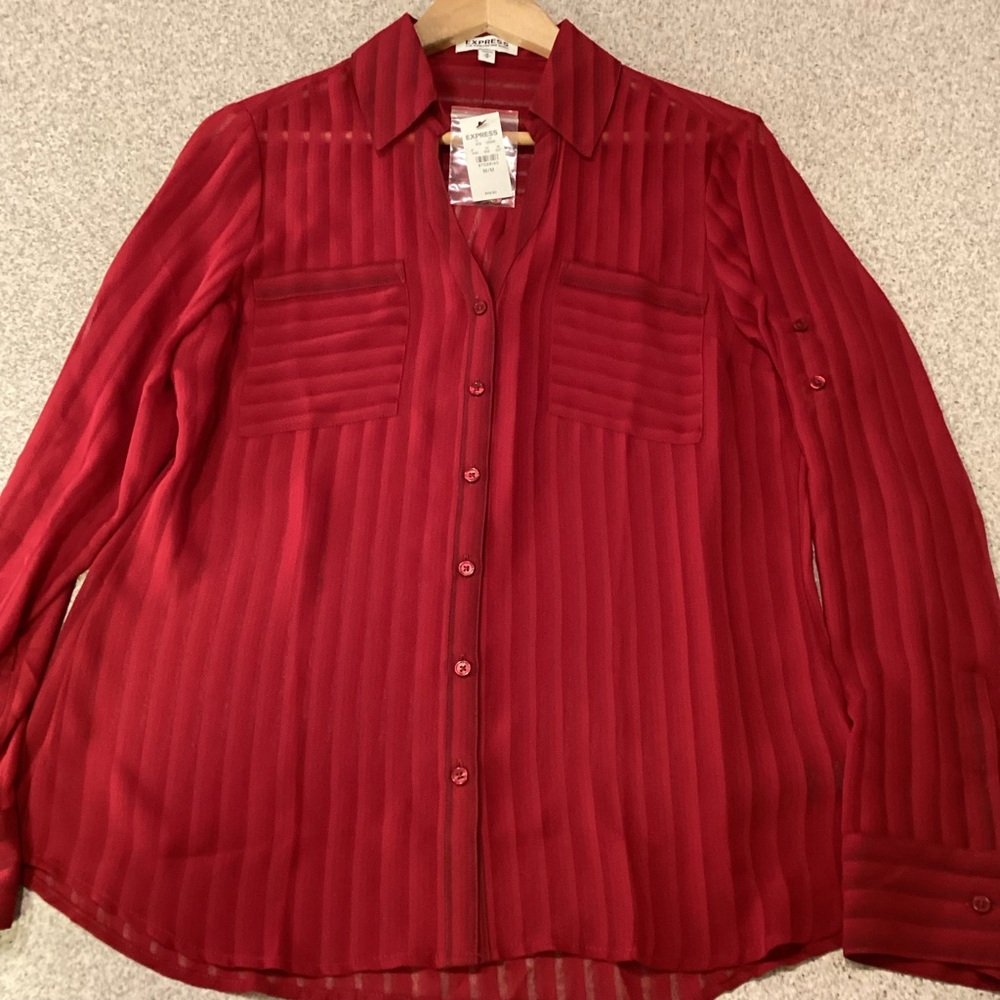 Express Red Sheer Striped Portofino Top - Picture 5 of 8